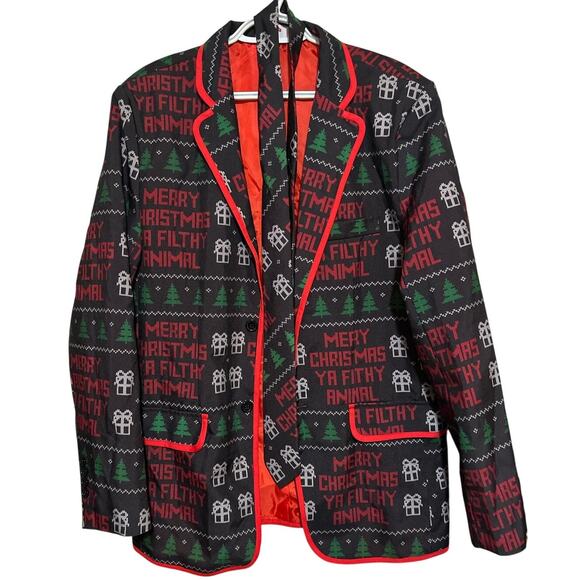 Holiday Time Mens Black Red Green Merry Christmas Ya Filthy Animal Blazar w/ Tie - Picture 4 of 13